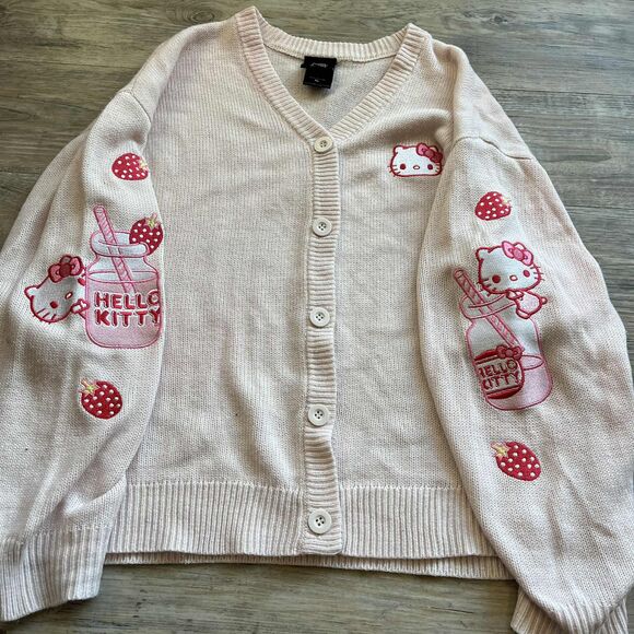 Hello Kitty Cardigan Strawberry Milk Skimmer Sweater Knit Patch Sanrio XL - Picture 10 of 10